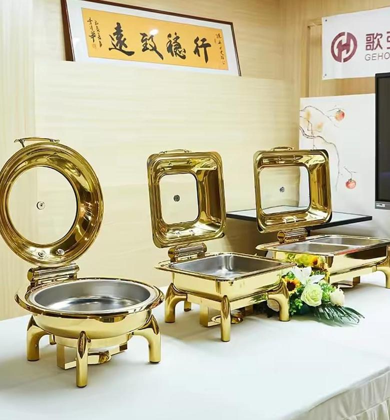 6 LITRES Square,Round Stainless Steel Buffet Warmer Chafers and Buffet Warmers Sets with Thick Frame for Catering Events Parties Weddings Dinners,Gold image