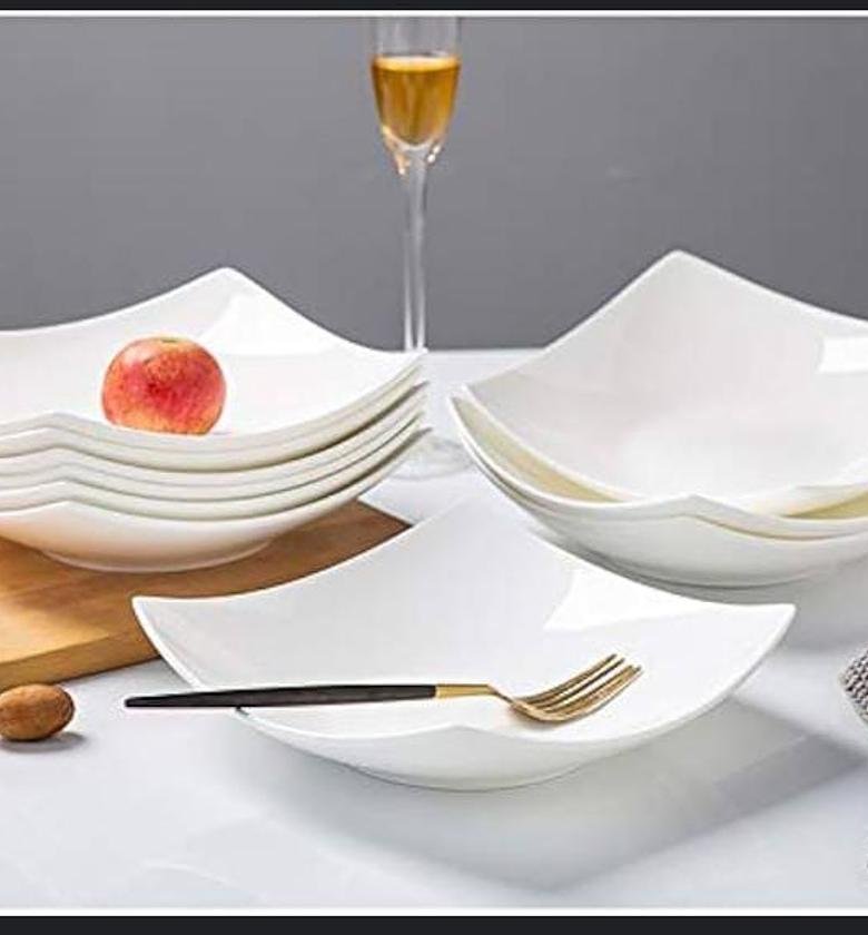 Bone china White soup plate Set of 6, Porcelain Wide Rim ,  Microwave & Dishwasher Safe image