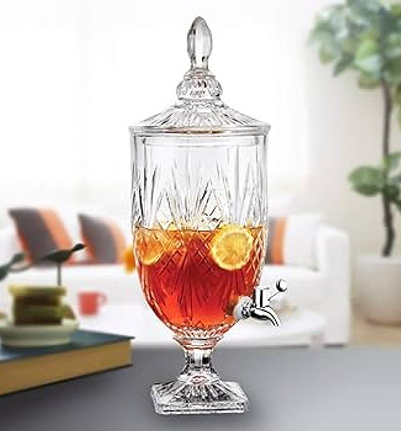 3 litres glass beverage dispenser with stainless steel spigot on glass pedestal, decorative mason drink dispenser for bbq, picnic, pool party, and social events image