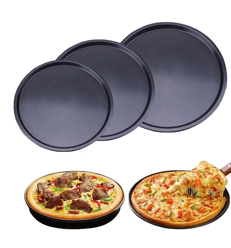 3pcs pizza pans set -  🔅Carbon steel  Non stick material  🔅Smooth edges  🔅Sizes: 6, 7 and 8 inches image