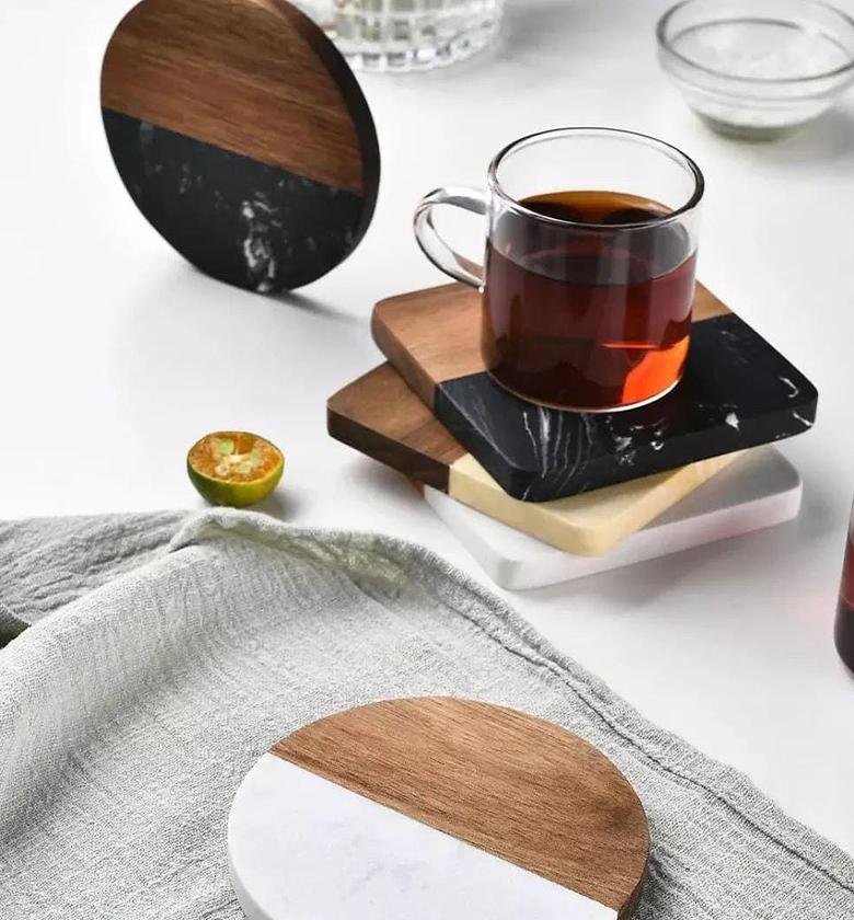Premium Quality Heavy Marble Wood Splicing Coasters 6pcs image