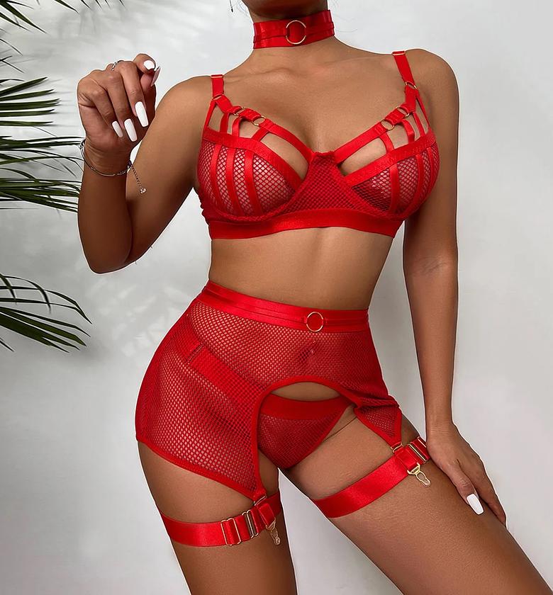 Sexy Mesh Fishnet Bodysuit For Women High Waist Bra Panty Garter Belt Neck Leg Ring 4 Pieces Set Underwear Strap Exotic Lingerie image