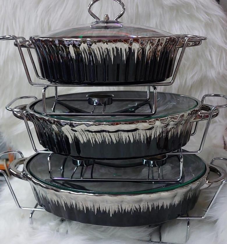 3 Pcs Stylish Serving/Chaffing Dishes With Burner And Lids image