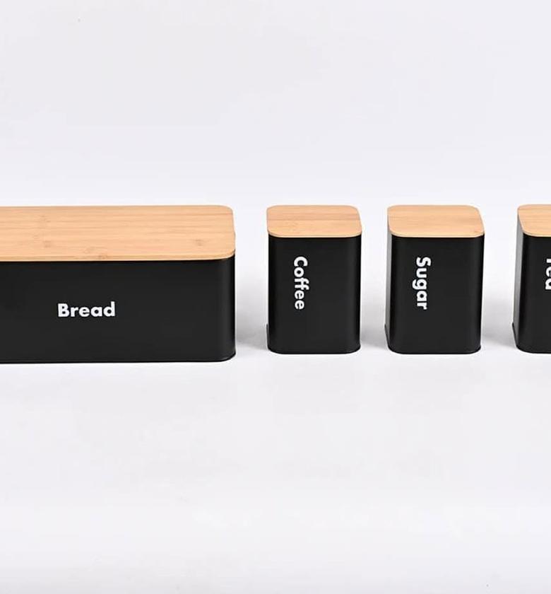 Bread bin plus kitchen canisters set. image