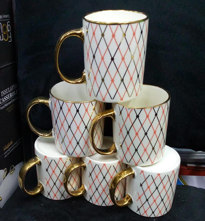 White Coffee Mugs, Set of 6, 350ml, White Porcelain with Gold handle ,black,gold and red Coffee Mug Set, Hot Chocolate Mugs, Ceramic Mugs, Large Mugs for Coffee, Set of Mugs, Hot Cocoa Mugs, Coffee Mug Ceramic Set image