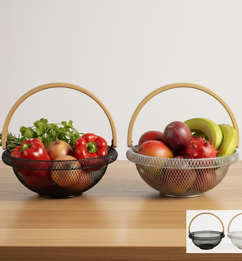 29cm Metal Mesh Fruit Basket with Bamboo Handle – Breathable Kitchen Countertop Organizer & Decorative Centerpiece Bowl image