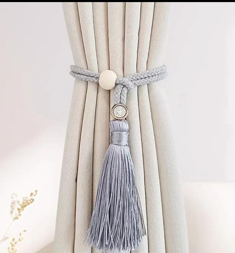 2 Bohemian fashion adjustable cotton cord curtain straps with rhinestone curtain buckles image