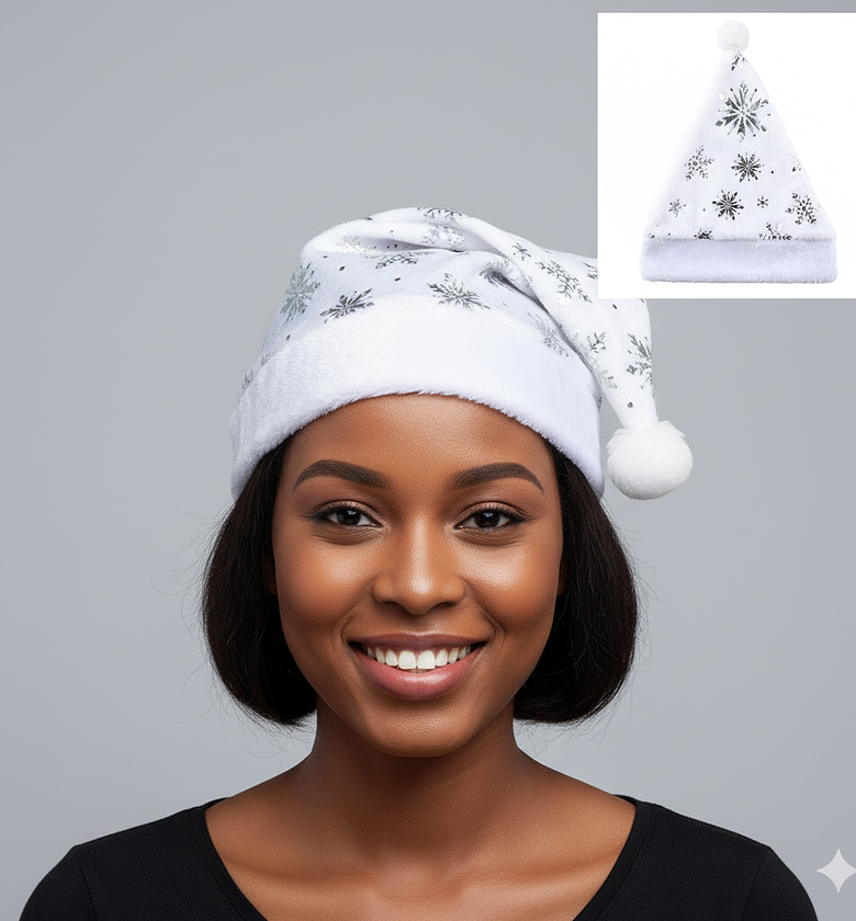 White Snowflake Christmas Santa Hat, Festive Party Cap image