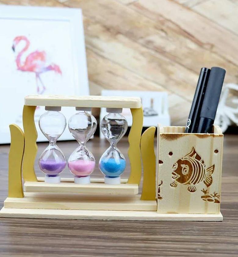 Handicraft Wooden Pen Stand With 3 Hourglass Timer image