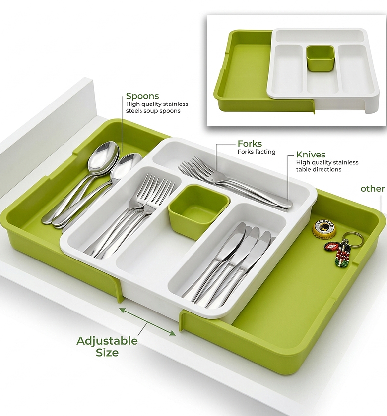 Expandable Cutlery Tray & Drawer Organizer for Kitchen Utensils, Adjustable Spoon & Fork Holder, White/Green Space Saver image