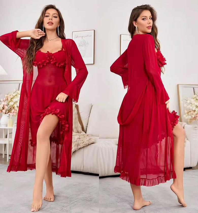 Mesh see-through trumpet sleeve long nightgown image