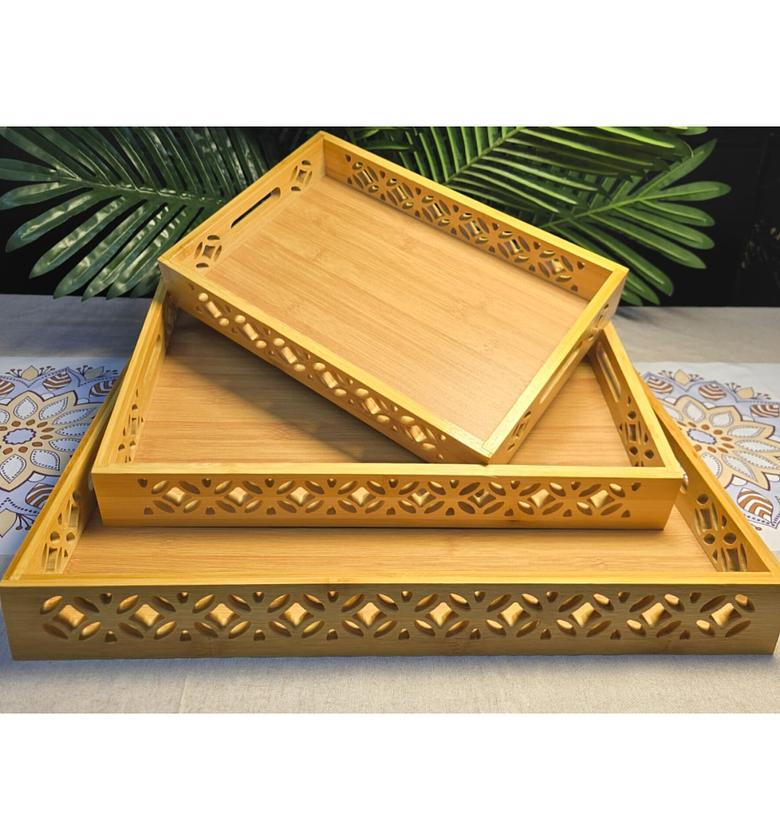 3-Piece Carved Wooden Serving/ Decorative Tray Set – Floral Edge Design image