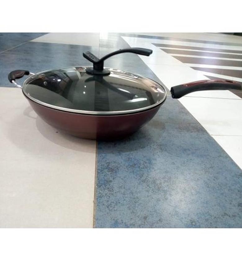 Wok Pan. Non-Stick Wok Deep Frying Pan With Glass Lid Cover. image