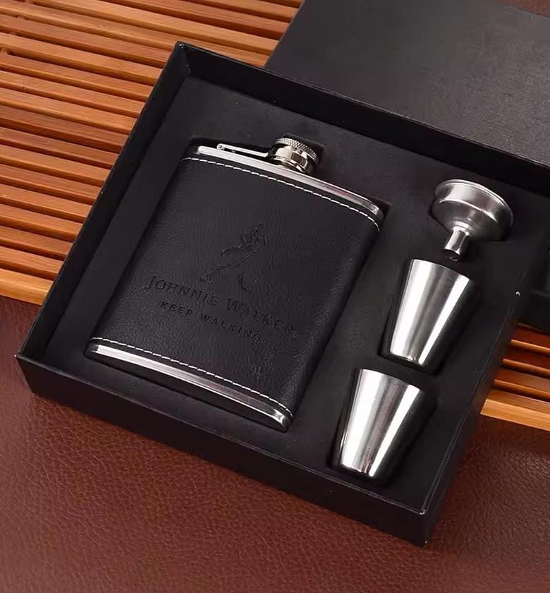 Johnnie Walker Premium Leather Wrapped Hip Flask Set with 2 Shot Cups & Funnel - 8oz Stainless Steel Pocket Liquor Flask Kenya image
