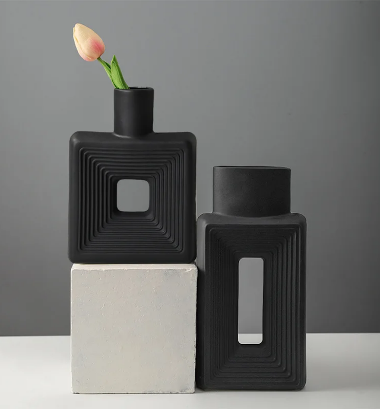 Set of 2 Modern Ceramic Vases – Square Hollow Design with Nested Rectangular Patterns  image