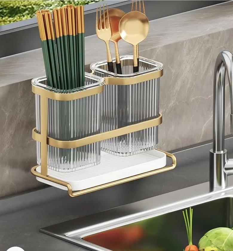 Kitchen utensil holder for countertop chic modern cutlery caddy 2 clear white cups with gold iron frame practical utensil pot counter crock for fork spoon knife flatware silverware image