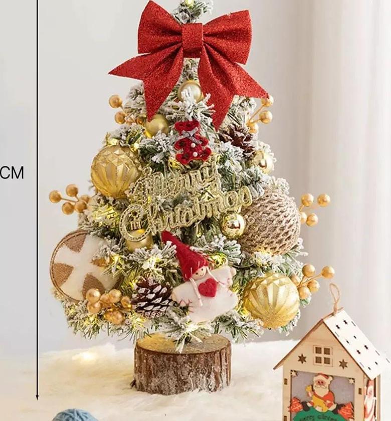 Table Top Christmas Tree with Wood Base + Decorations Shown and Lighting For Home and Office image
