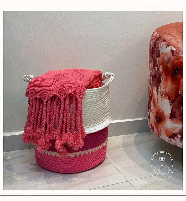 Shades of pink cotton rope basket with fringe. image