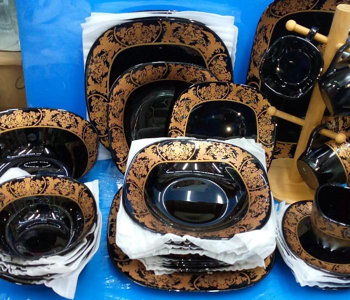 38pcs Black Flowered Dinner Set-gold black image