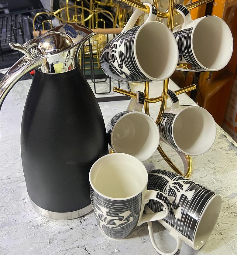 DRINKWARE SET. 6 pcs ceramic 350ml mugs &2 ltrs flask image