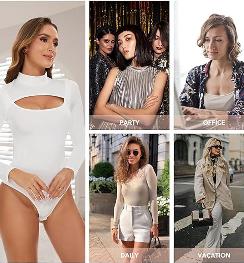 Round Neck Sexy Cutout Front Soft Breathable Stretchy High-Quality T Shirt Long Sleeve Bodysuit for Women image