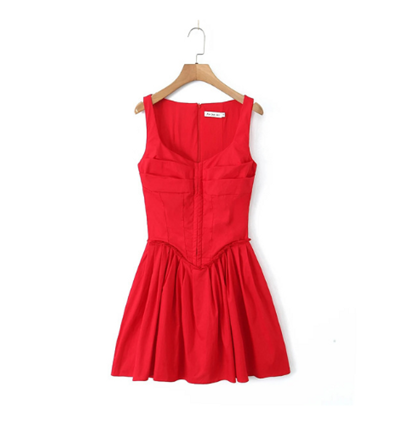 New women red hem pleated mini dress image