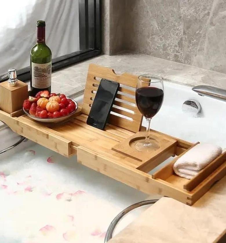 Expandable Bamboo Bathtub Caddy Tray / Breakfast Bed Table with Stands image