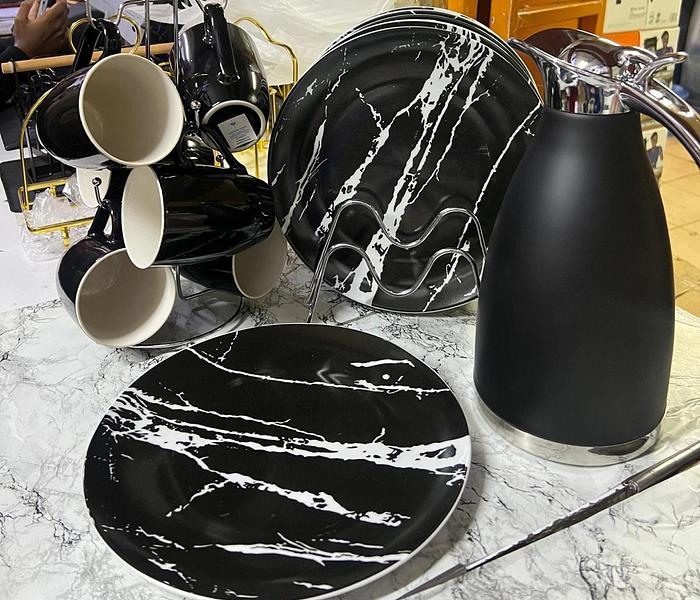 White/black 6 pcs plates,6 pcs mugs and black 2 ltr flask image