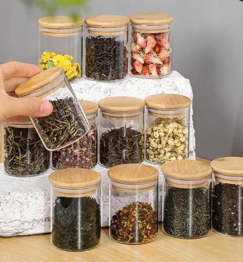 12pcs glass spice jars with bamboo lids. image