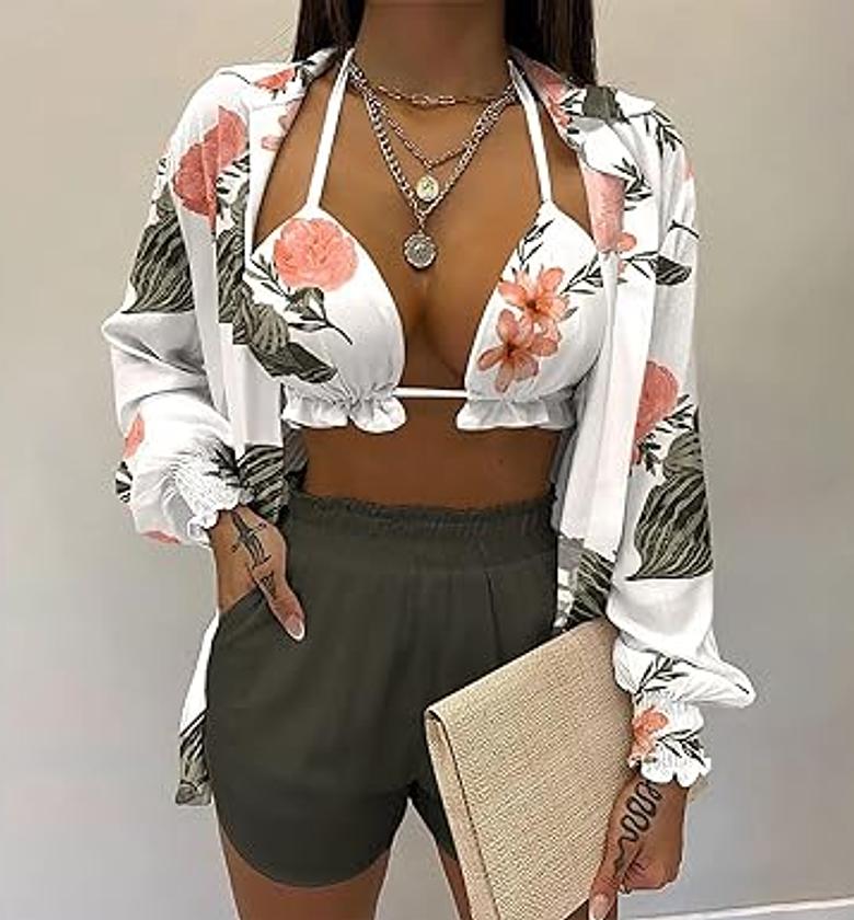 Women's Sexy Crop Three Piece Tropical Print Balloon Sleeve Shirt and Shorts Set Cute Swimwear Women image