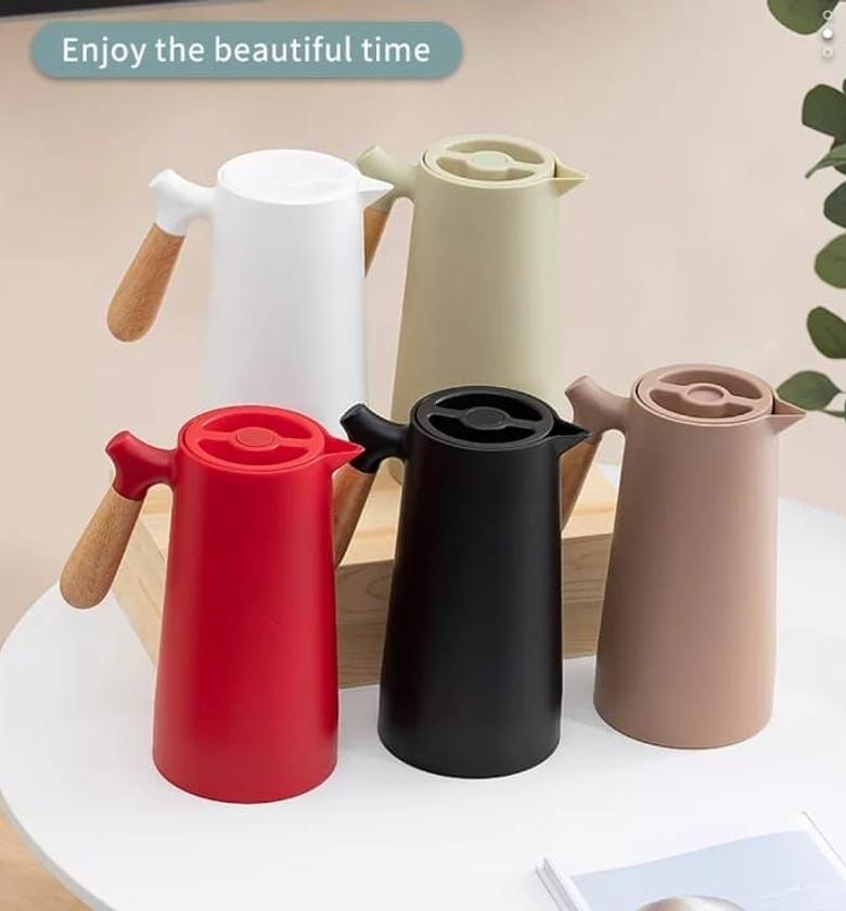 Thermal coffee carafe - hot or cold drinks, double walled insulated vacuum flask - leakproof coffee dispenser with wooden handle, thermos bottle for cold beverages image