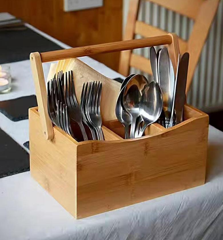 Portable table top bamboo cutlery holder. image