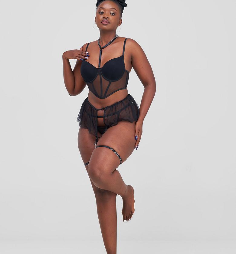 Posh Lingerie & More-Mesh Lace Women Ruffled Lingerie Set Fishbone Bra See Through Panties Black image