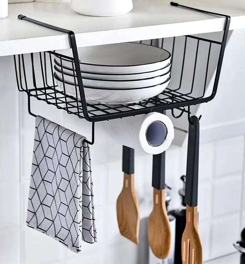Under the shelf metallic rack with hooks and paper towel holder. image