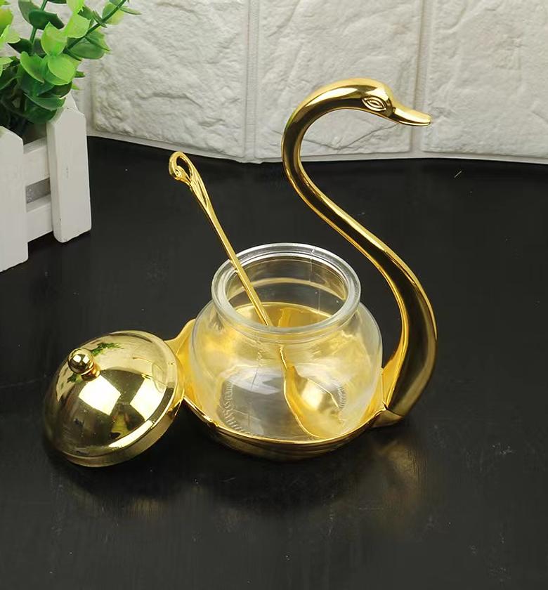 Creative seasoning jar, cute swan sugar bowl european sauce bottle swan storage organizer with serving spoon (silver,gold) image