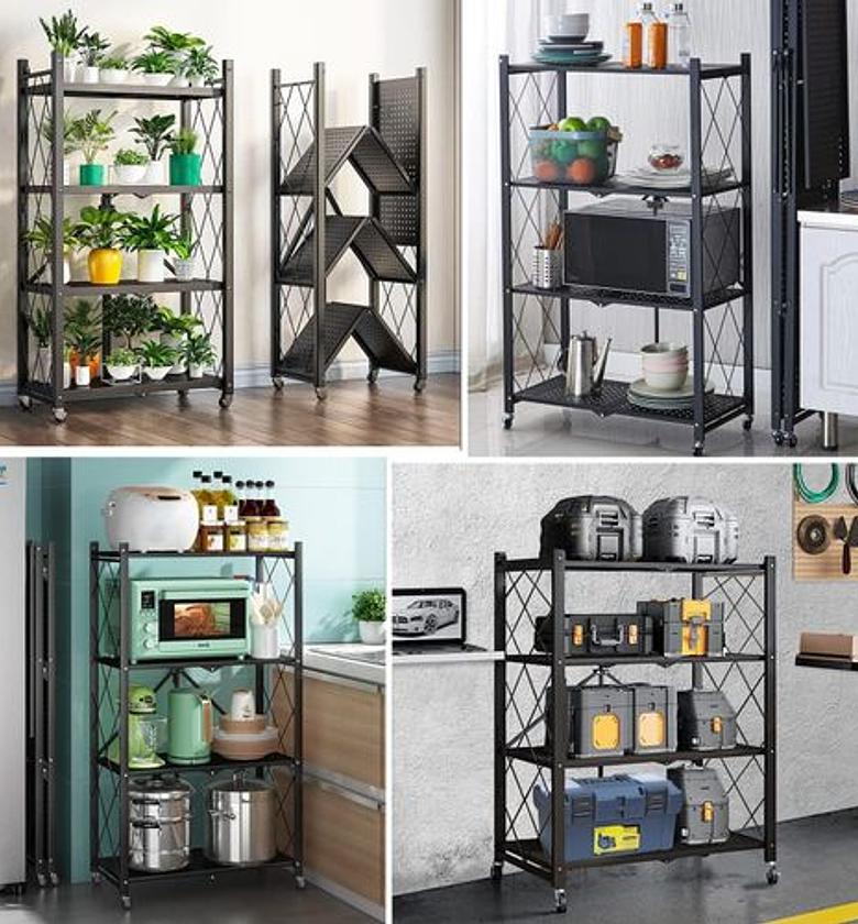 4-Tier Foldable Storage Shelf with Wheels - Metal Collapsible Shelving Unit Display, Rolling Cart for Books Kitchen Storage Shelves, Pantry & Closet Organizer, Office Room Decor - Black image