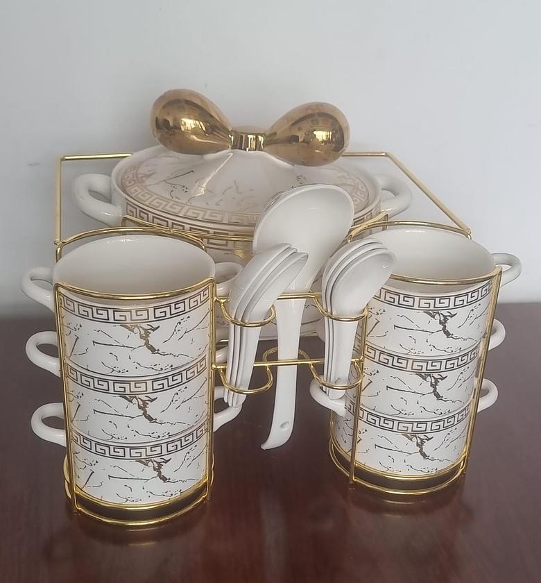  versaces line Fancy Ceramic Soup Tureen Bowl Gift Set with 6 Soup Bowls/Cups with Handles, Gold Stand & Lid, Hotpot Style Home Decor Kitchen Utensils Set for Pasta Gravy (white and Gold) image
