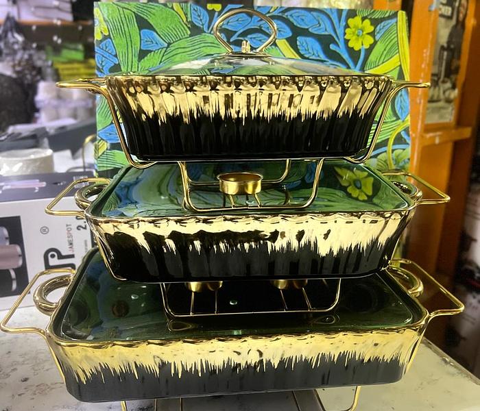 3pcs Ceramic Chaffing Dishes/ Food Warmers-Gold black image