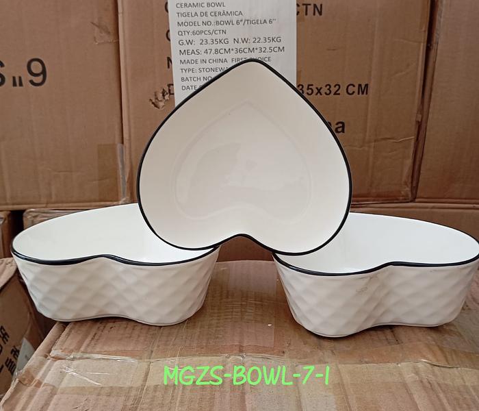 Set Of 6 White Ceramic Bowls With Black Ring image