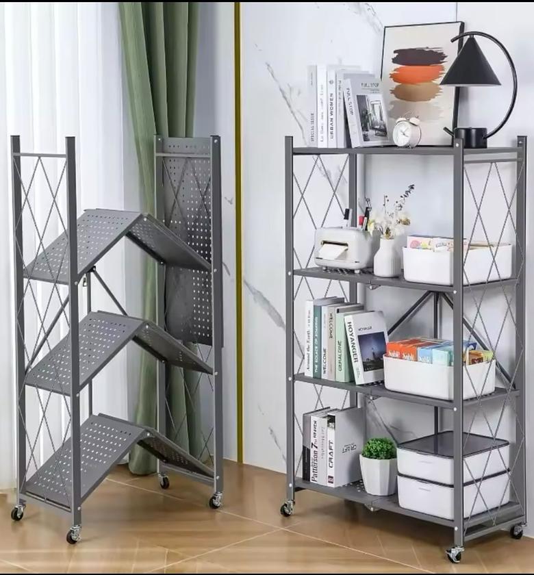 3Tier Heavy Duty Foldable Metal Rack Storage Shelving Unit with Wheels Moving Easily Organizer Shelves Great for Garage Kitchen Holds image