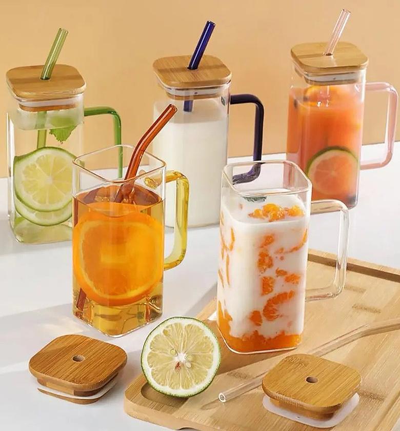 Square smoothie glass cup with bamboo lid  image