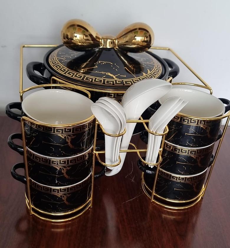 versaces Fancy Ceramic Soup Tureen Bowl Gift Set with 6 Soup Bowls/Cups with Handles, Gold Stand & Lid, Hotpot Style Home Decor Kitchen Utensils Set for  Pasta Gravy (Black and Gold) image