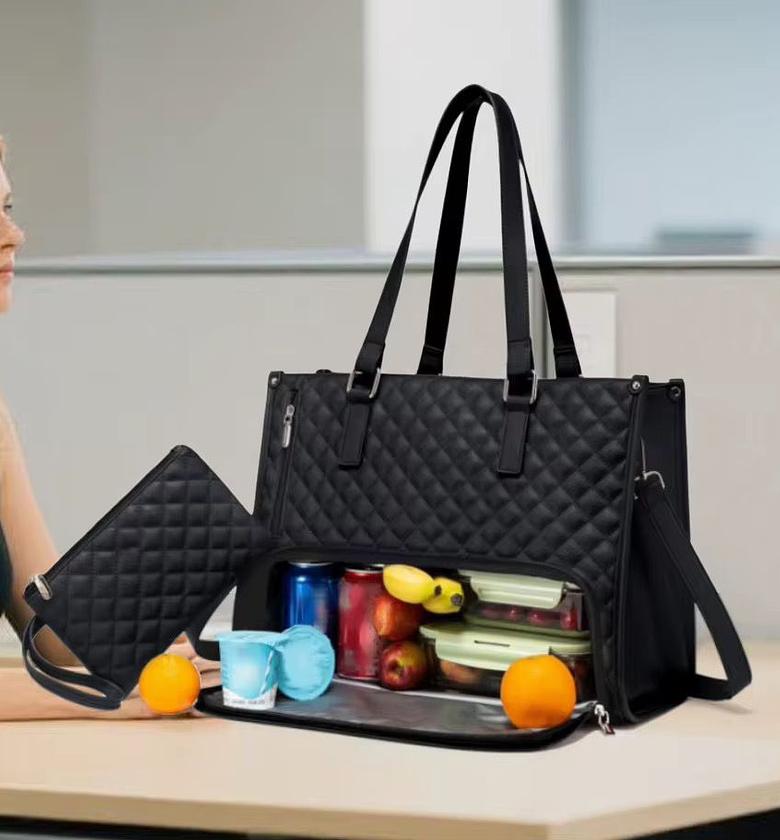 Quilted Large Capacity 15.6” Business Laptop Tote Bag with Insulated Lunch Compartment image