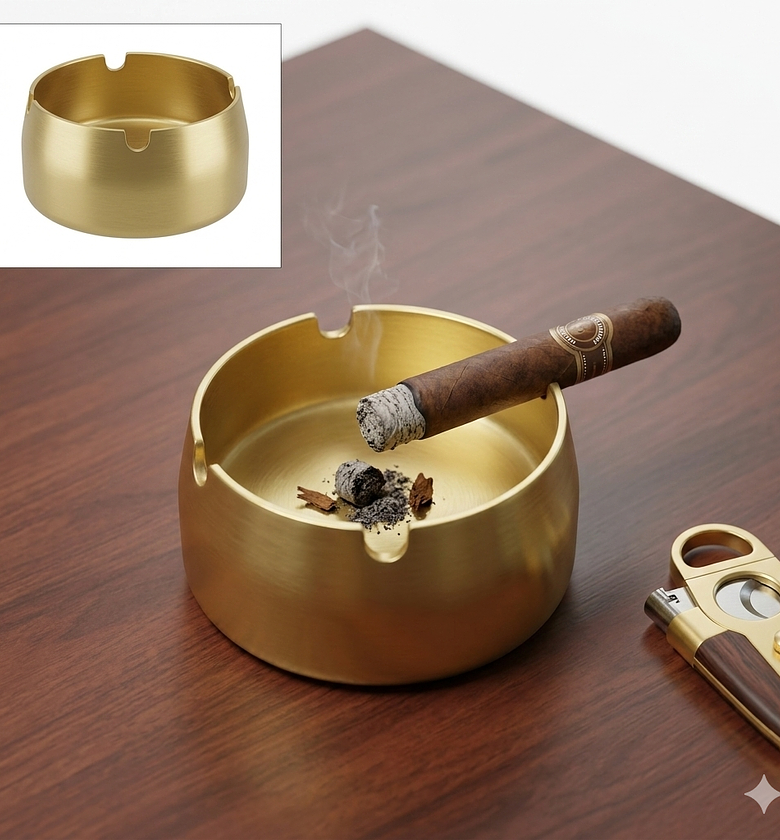 Executive Gold Brass Ash Tray, Windproof Metal Cigar Holder for Home and Office Decor image