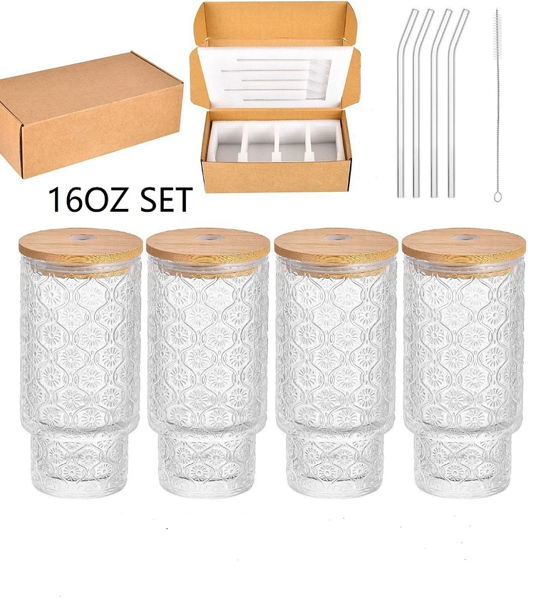 4pcs Vintage Embossed Glass Cups with Bamboo Lids & Straws image