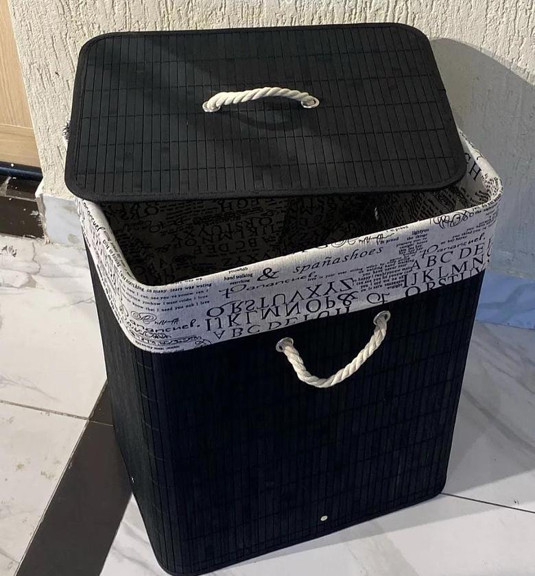 Round Black Eco-friendly bamboo laundry basket black. image