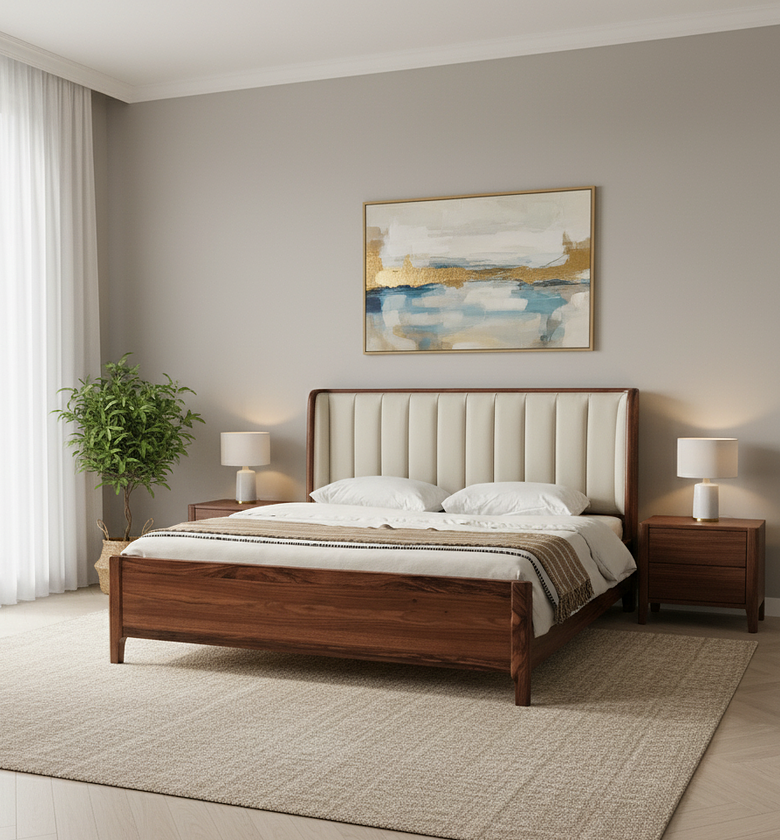 Classic Wood Bed with Padded Headboard image
