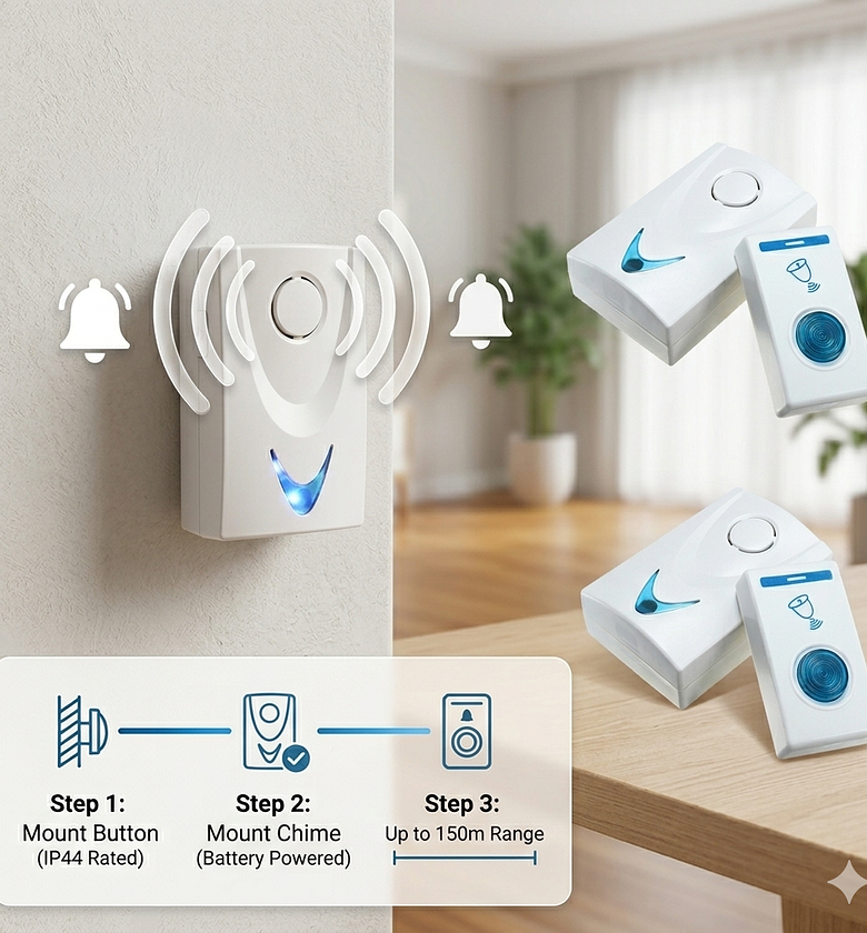 Wireless Remote Control Doorbell Battery Operated Loud Chime with Blue LED Indicator for Home and Office image