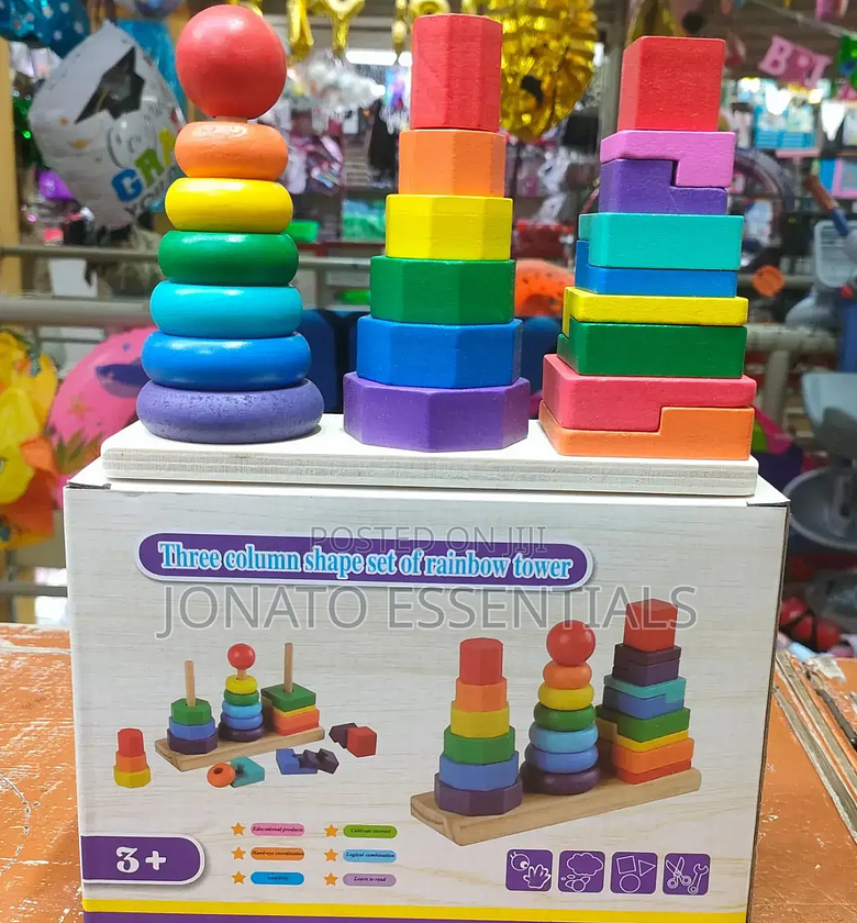 Wooden Rainbow Stacking Toy Set – 3 Column Shape Sorter image