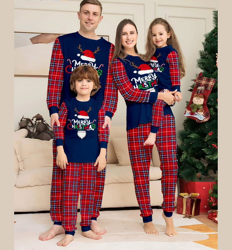 Festive Poly Cotton Family Matching Christmas Pajama Sets image